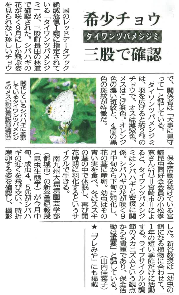 三股で希少チョウを確認 環境園芸学科 新谷教授 | 南九州大学